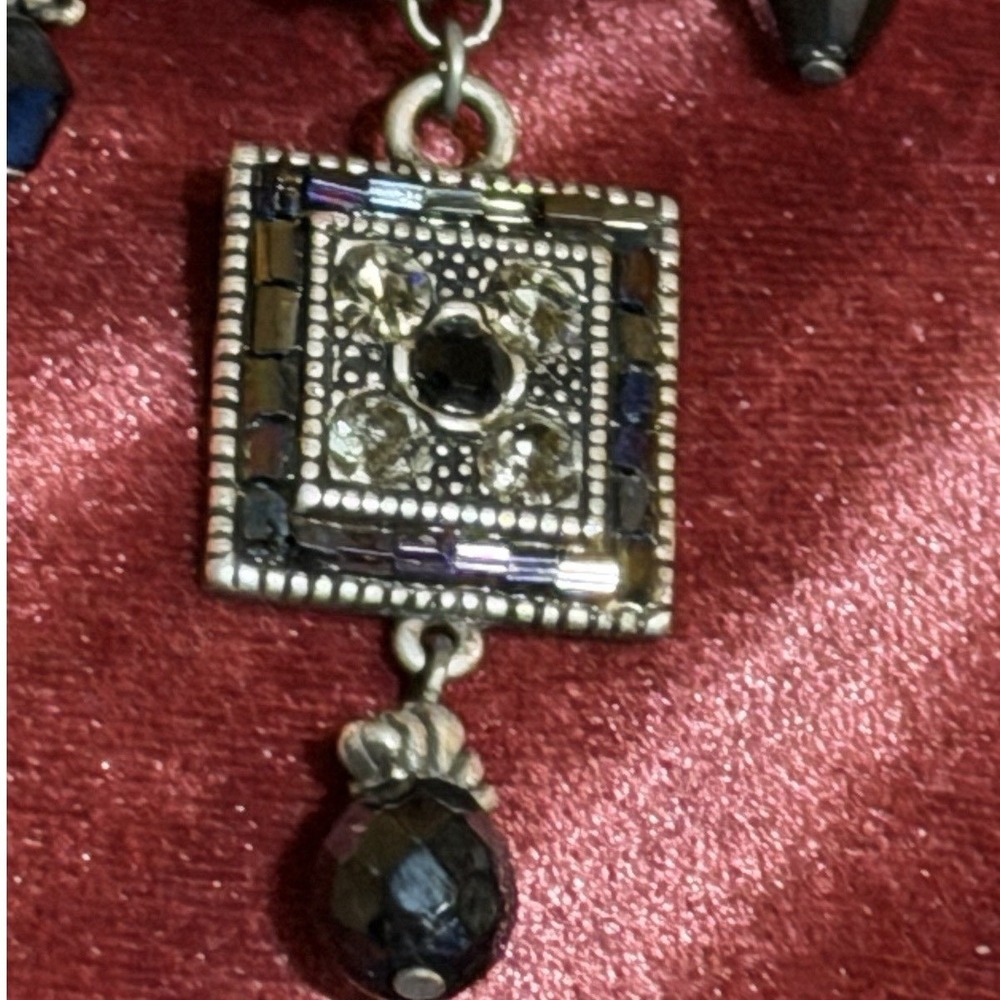 Premier Designs Silver Tone Black Crystal Square Pendant Necklace Street Wear